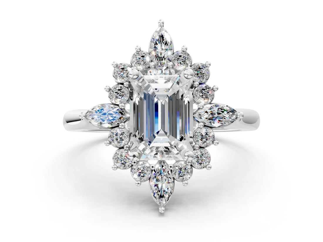 Silver Emerald Cut Halo Diamond Cluster Ring with Marquise and Round Stones on a White Gold Band with Prong Setting_13