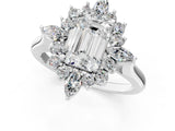 Silver Emerald Cut Halo Diamond Cluster Ring with Marquise and Round Stones on a White Gold Band with Prong Setting_14