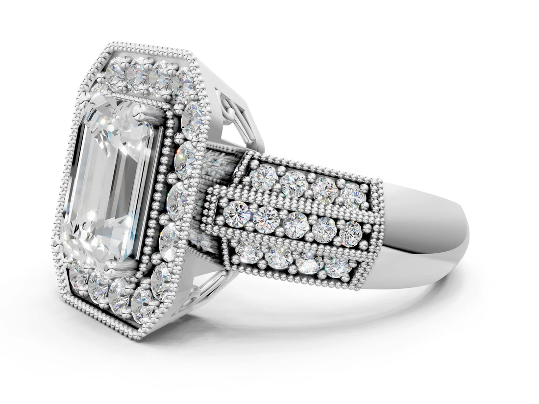 Silver Emerald Cut Halo Diamond Engagement Ring with Pave Split Shank and Four-Prong Setting_7