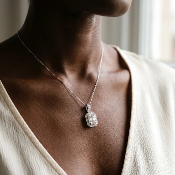 Silver Emerald Cut Halo Diamond Pendant with Pavé Setting