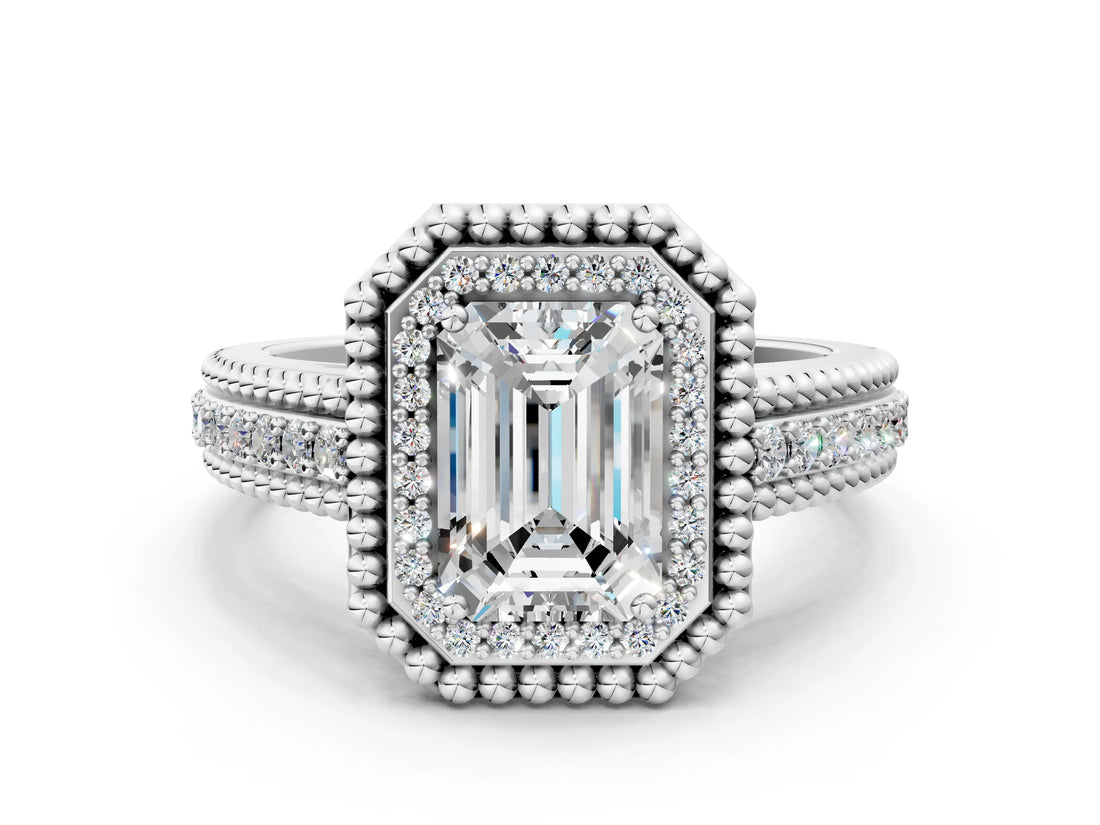 Silver Emerald Cut Halo Diamond Ring with Beaded Split Shank and Four-Prong Setting_13
