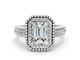 Silver Emerald Cut Halo Diamond Ring with Beaded Split Shank and Four-Prong Setting_13