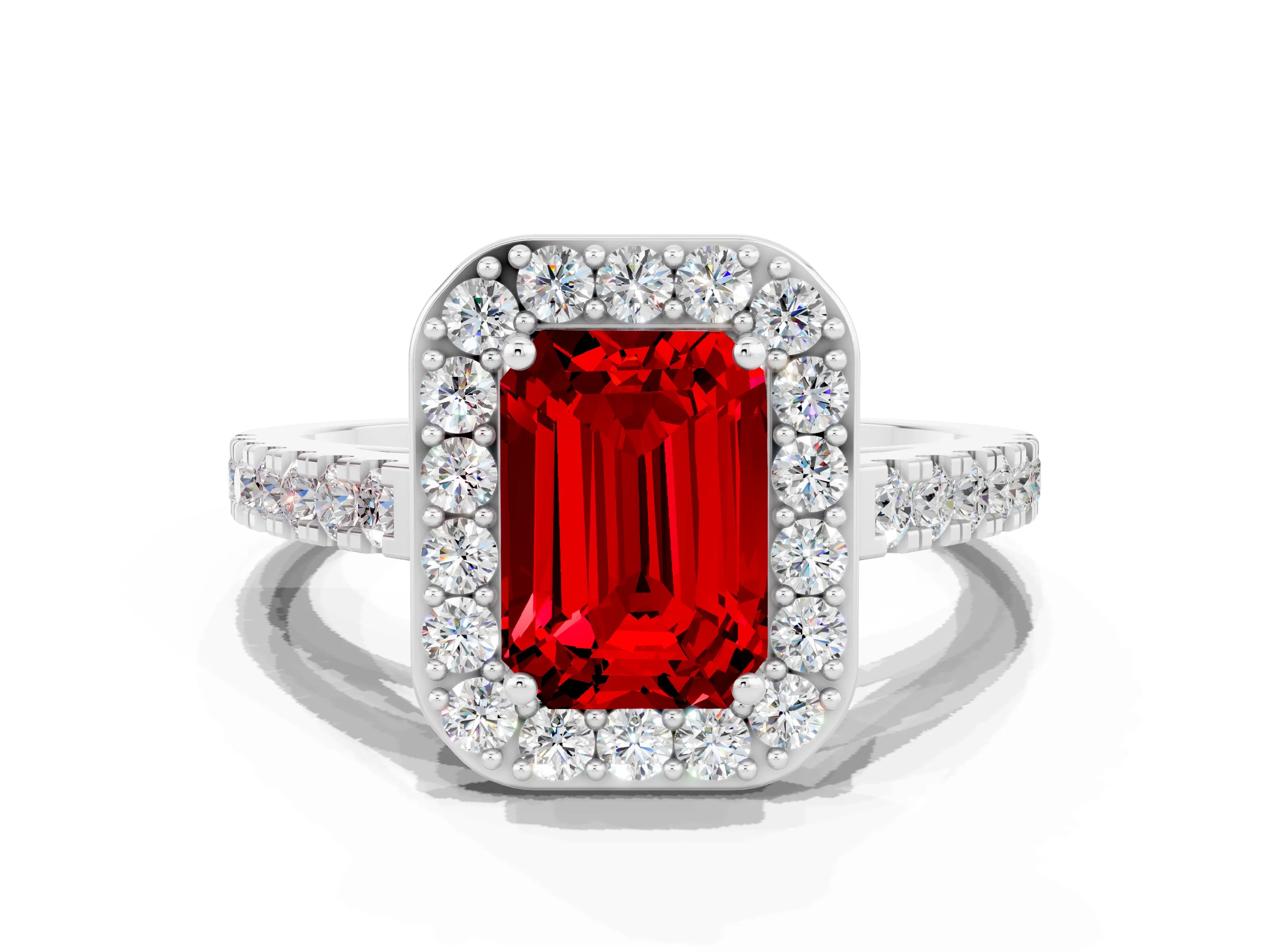 Silver Emerald Cut Halo Diamond Ring with Pavé Band and Three-Prong Setting_18