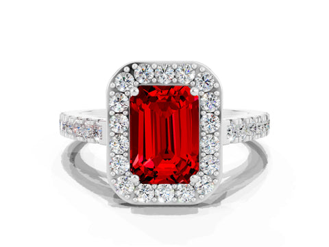 Silver Emerald Cut Halo Diamond Ring with Pavé Band and Three-Prong Setting_18
