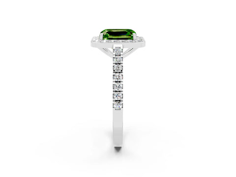 Silver Emerald Cut Halo Diamond Ring with Pavé Band and Three-Prong Setting_23