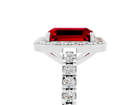 Silver Emerald Cut Halo Diamond Ring with Pavé Band and Three-Prong Setting_23