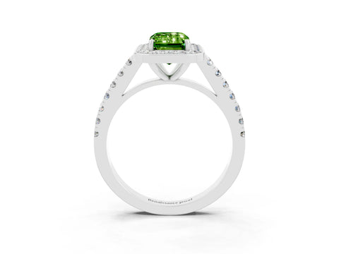 Silver Emerald Cut Halo Diamond Ring with Pavé Band and Three-Prong Setting_24