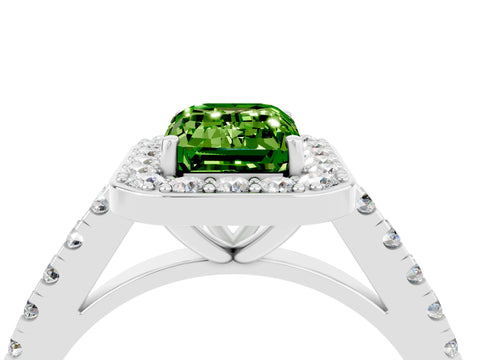Silver Emerald Cut Halo Diamond Ring with Pavé Band and Three-Prong Setting_25