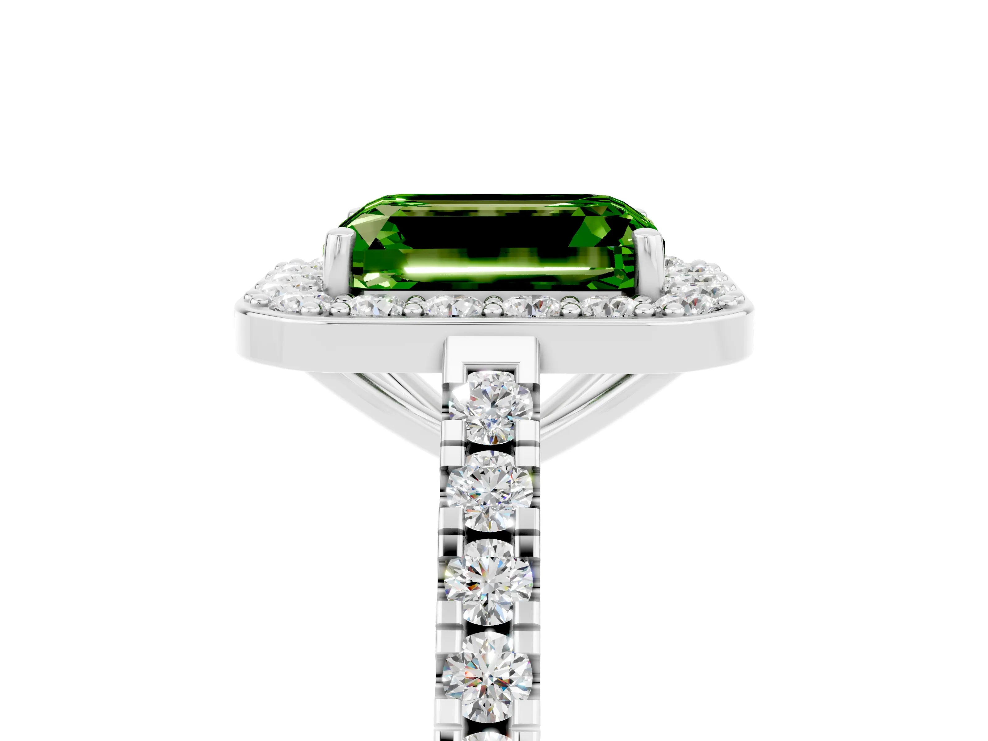 Silver Emerald Cut Halo Diamond Ring with Pavé Band and Three-Prong Setting_26