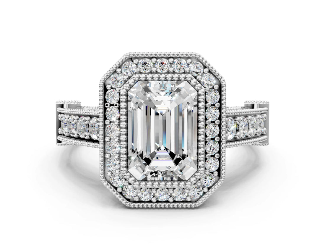 Silver Emerald Cut Halo Diamond Split Shank Pave Ring_13