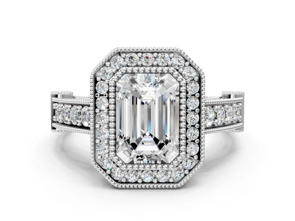 Sterling Silver Emerald Cut Vintage Bezel Halo Engagement Ring Setting