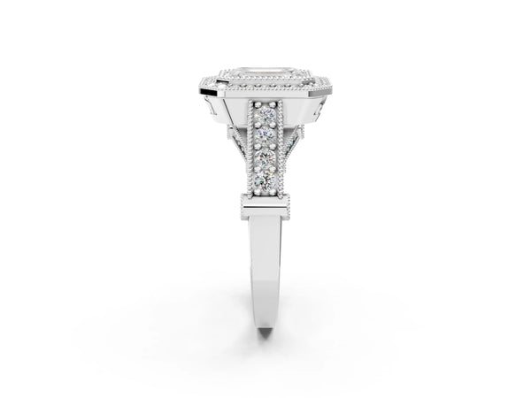 Sterling Silver Emerald Cut Vintage Bezel Halo Engagement Ring Setting