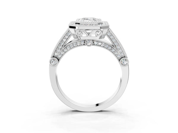Sterling Silver Emerald Cut Vintage Bezel Halo Engagement Ring Setting