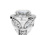 Silver Emerald Cut Halo Milgrain Diamond Engagement Ring with Leaf Band and Four-Prong Setting_12