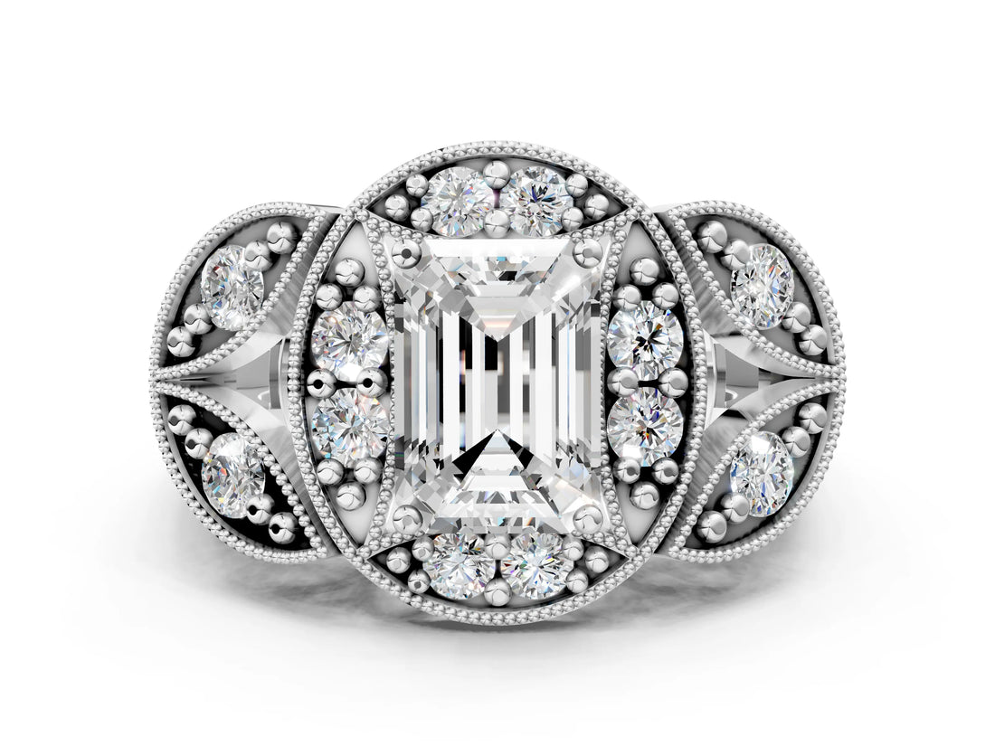 Silver Emerald Cut Halo Milgrain Diamond Engagement Ring with Leaf Band and Four-Prong Setting_7