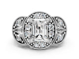 Silver Emerald Cut Halo Milgrain Diamond Engagement Ring with Leaf Band and Four-Prong Setting_7