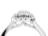 Silver Emerald Cut Halo Round Diamond Solitaire Ring with Pavé Band and Four-Prong Setting_16