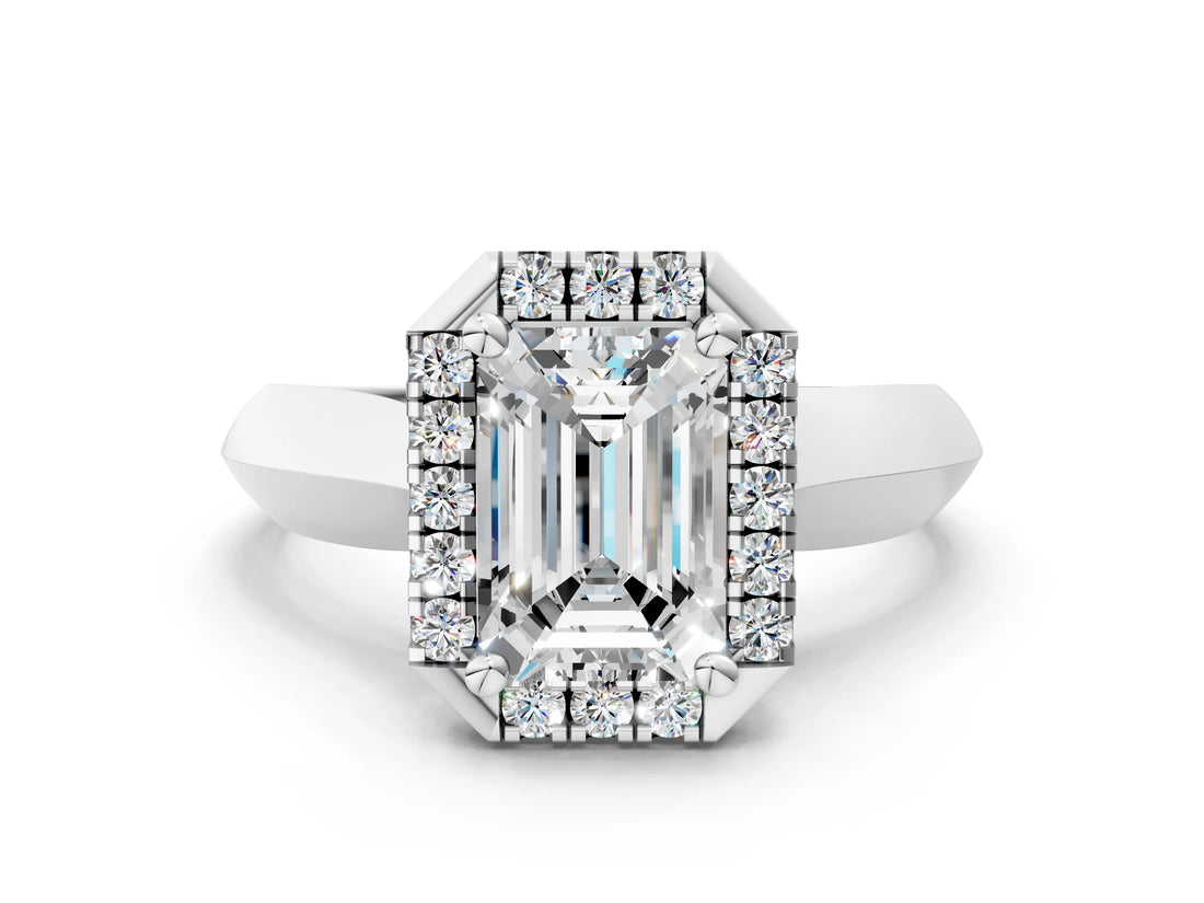 Silver Emerald Cut Halo Solitaire Engagement Ring with Square Band and Four-Prong Setting_24
