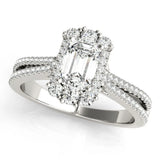 Silver Emerald Cut Halo Split Shank Ring with Prong Setting 1