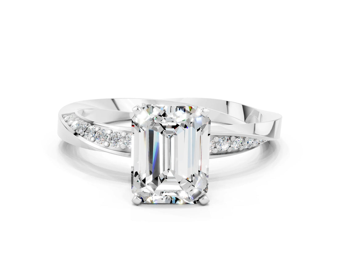Silver Emerald Cut Moissanite Engagement Ring with Side Stone Accents and Four-Prong Setting_12