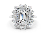 Silver Emerald Cut Moissanite Floral Double Halo Engagement Ring with Prong Setting_138