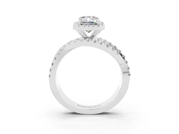 Silver Emerald Cut Moissanite Halo Ring with Round Split Shank and Prong Setting