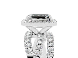 Silver Emerald Cut Moissanite Halo Ring with Round Split Shank and Prong Setting_71