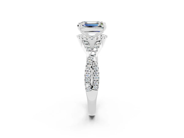 Silver Emerald Cut Moissanite  Halo Twist Band Solitaire Prong Setting Ring