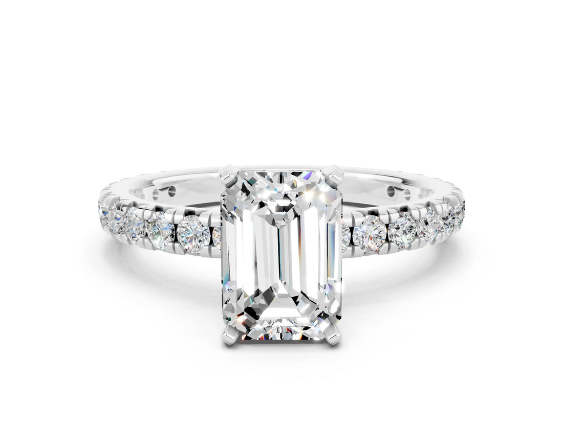 Silver Emerald Cut Moissanite Pavé Solitaire Ring with Round Band and Prong Setting_42