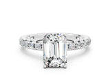Silver Emerald Cut Moissanite Pavé Solitaire Ring with Round Band and Prong Setting_42