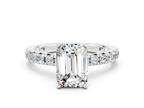 Silver Emerald Cut Moissanite Pavé Solitaire Ring with Round Band and Prong Setting