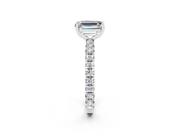 Silver Emerald Cut Moissanite Pavé Solitaire Ring with Round Band and Prong Setting