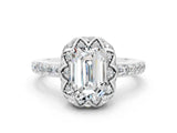 Silver Emerald Cut Moissanite Scalloped Halo Engagement Ring with Round Shared Prong Band_54