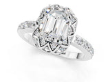 Silver Emerald Cut Moissanite Scalloped Halo Engagement Ring with Round Shared Prong Band_55