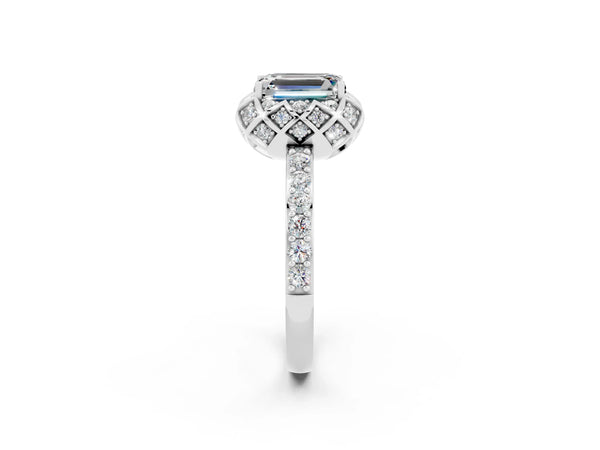 Silver Emerald Cut Moissanite Scalloped Halo Engagement Ring with Round Shared Prong Band