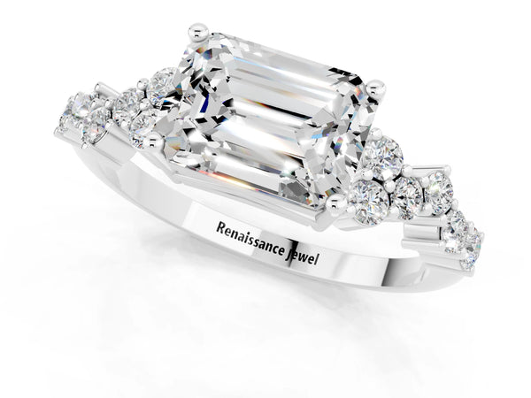 Silver Emerald Cut Moissanite Scattered Round Accent Ring with Prong Setting
