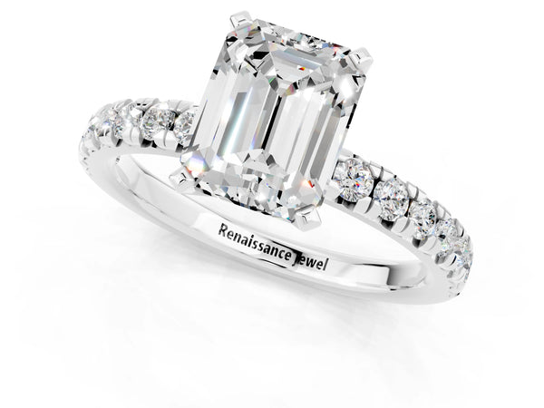 Silver Emerald Cut Moissanite Solitaire Pavé Engagement Ring with Round Band and Prong Setting