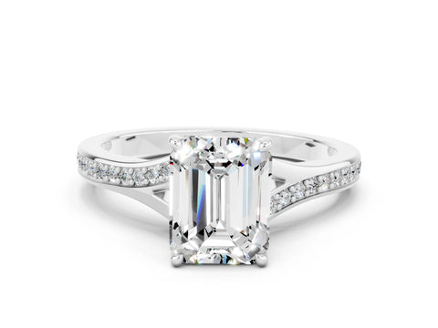 Silver Emerald Cut Moissanite Solitaire Ring with Pavé Band and Prong Setting_12
