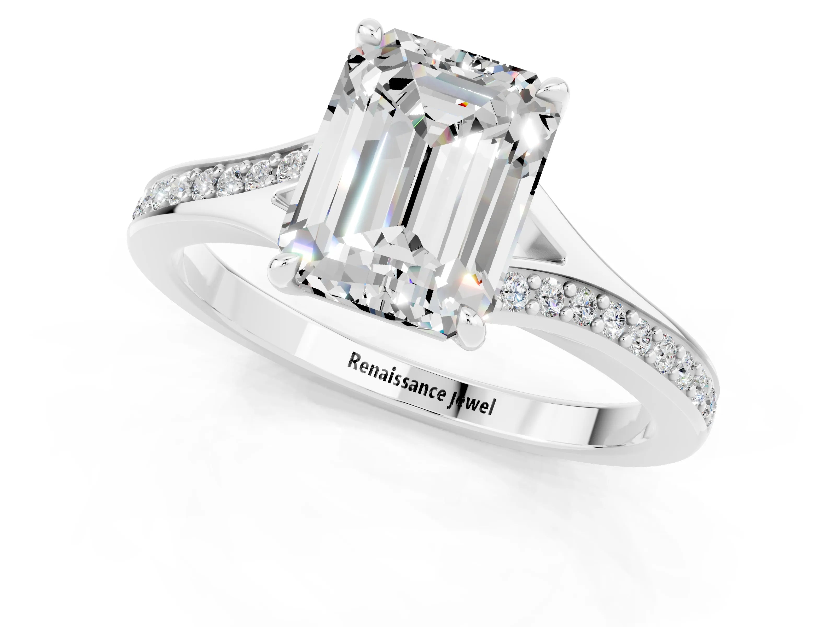 Silver Emerald Cut Moissanite Solitaire Ring with Pavé Band and Prong Setting_13