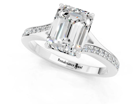 Silver Emerald Cut Moissanite Solitaire Ring with Pavé Band and Prong Setting_13