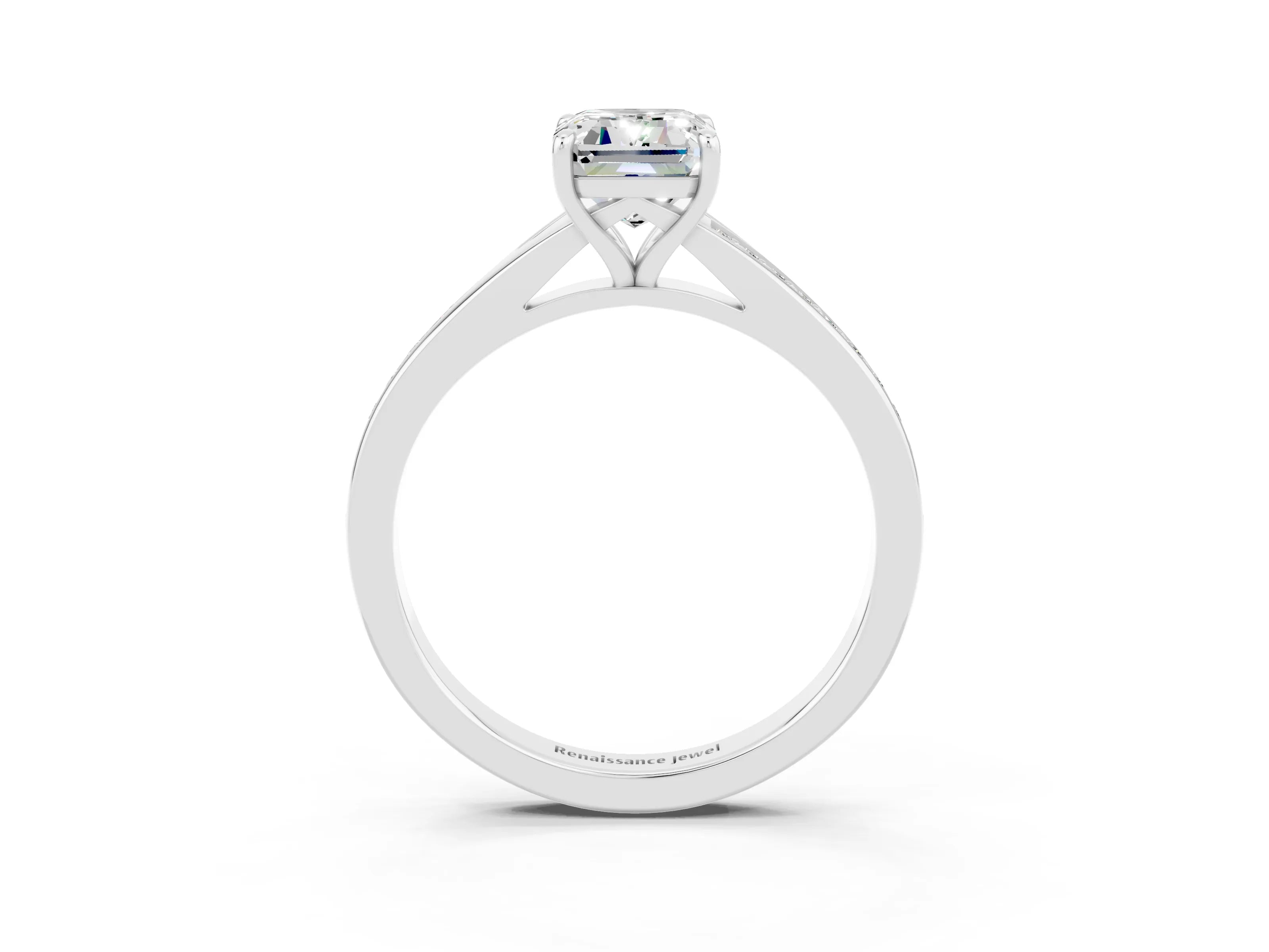 Silver Emerald Cut Moissanite Solitaire Ring with Pavé Band and Prong Setting_15