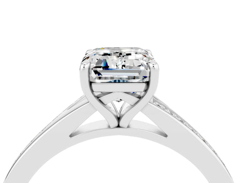 Silver Emerald Cut Moissanite Solitaire Ring with Pavé Band and Prong Setting_16