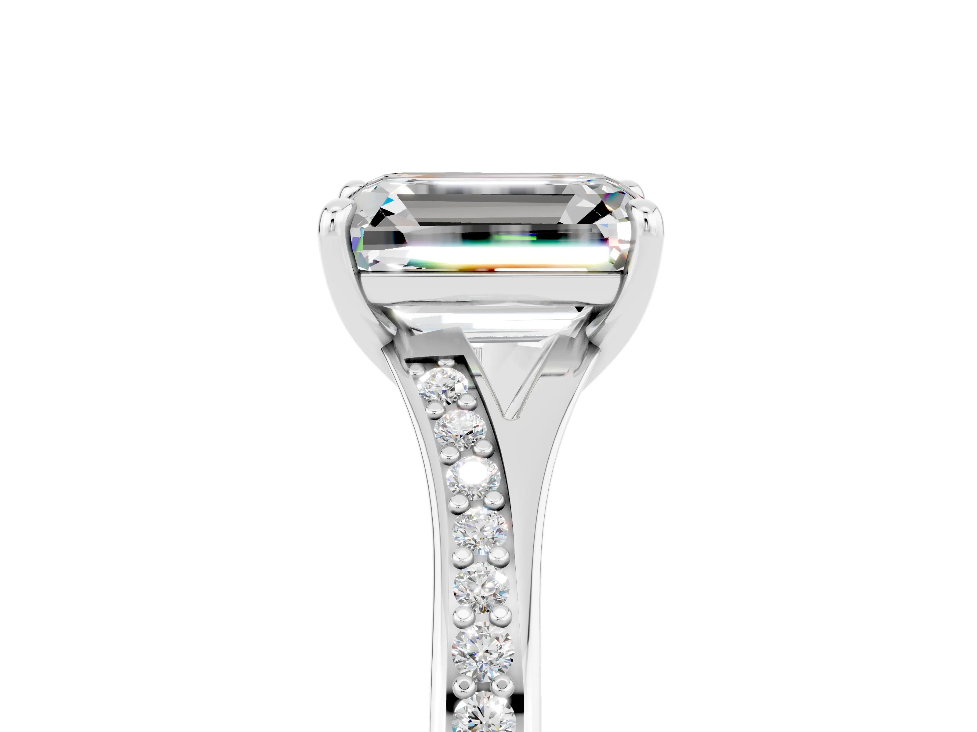 Silver Emerald Cut Moissanite Solitaire Ring with Pavé Band and Prong Setting_17