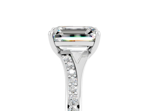 Silver Emerald Cut Moissanite Solitaire Ring with Pavé Band and Prong Setting_17