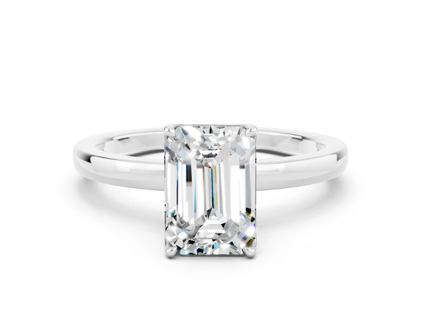 Silver Emerald Cut Moissanite Solitaire Ring with Thin Band and Prong Setting