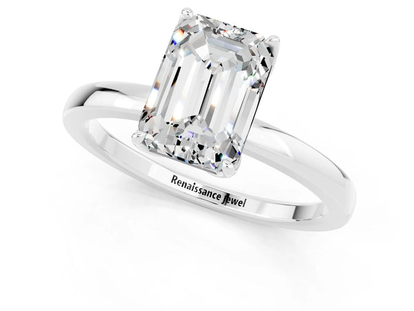 Silver Emerald Cut Moissanite Solitaire Ring with Thin Band and Prong Setting