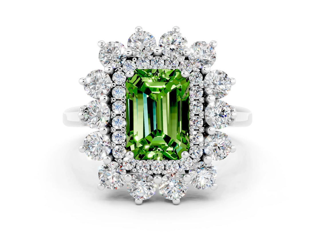 Silver Emerald Cut Peridot Floral Double Halo Engagement Ring with Prong Setting_186