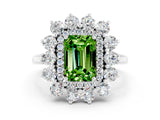 Silver Emerald Cut Peridot Floral Double Halo Engagement Ring with Prong Setting_186