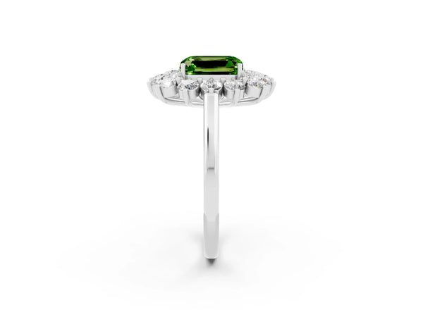 Silver Emerald Cut Peridot Floral Double Halo Engagement Ring with Prong Setting
