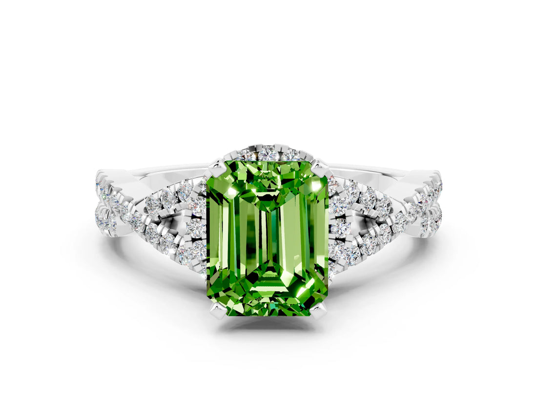 Silver Emerald Cut Peridot  Halo Twist Band Solitaire Prong Setting Ring_24